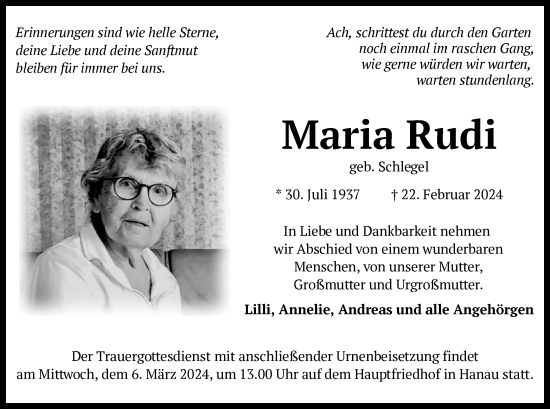 Traueranzeige von Maria Rudi von OF