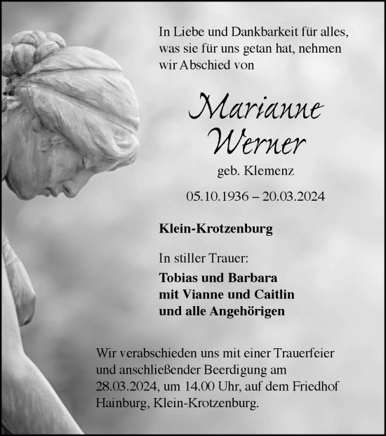 Traueranzeige von Marianne Werner von OF