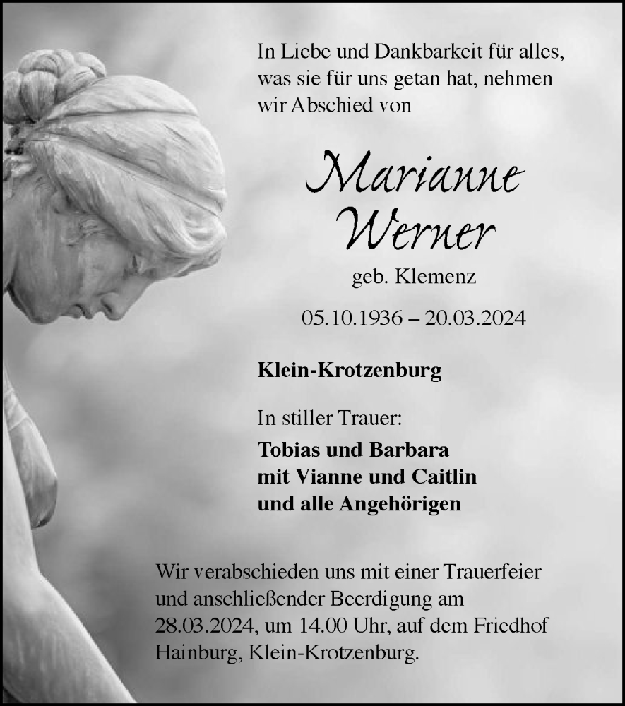  Traueranzeige für Marianne Werner vom 23.03.2024 aus OF