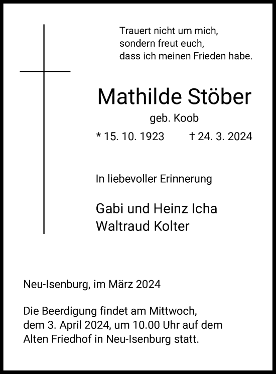 Traueranzeige von Mathilde Stöber von OF