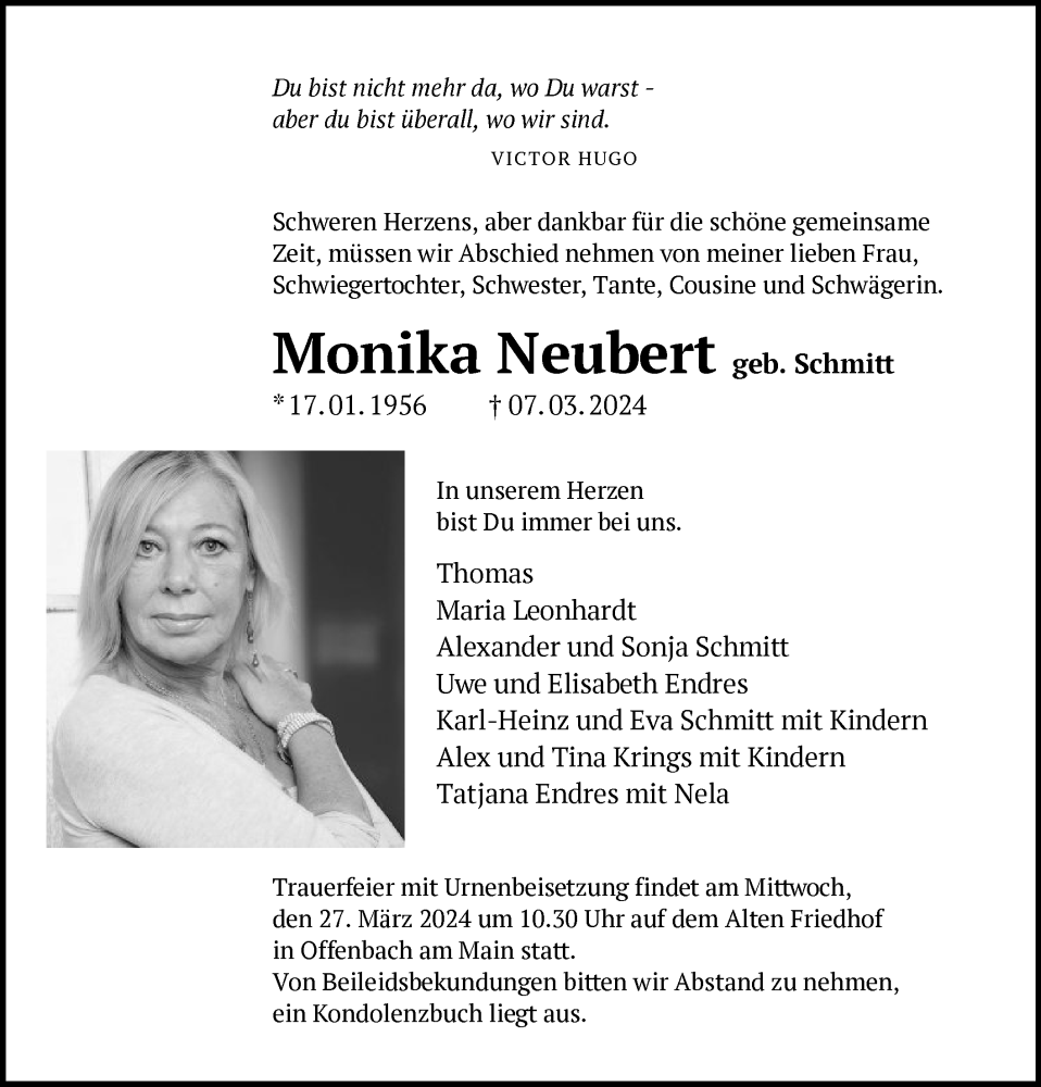  Traueranzeige für Monika Neubert vom 23.03.2024 aus OF