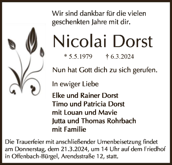 Traueranzeige von Nicolai Dorst von OF