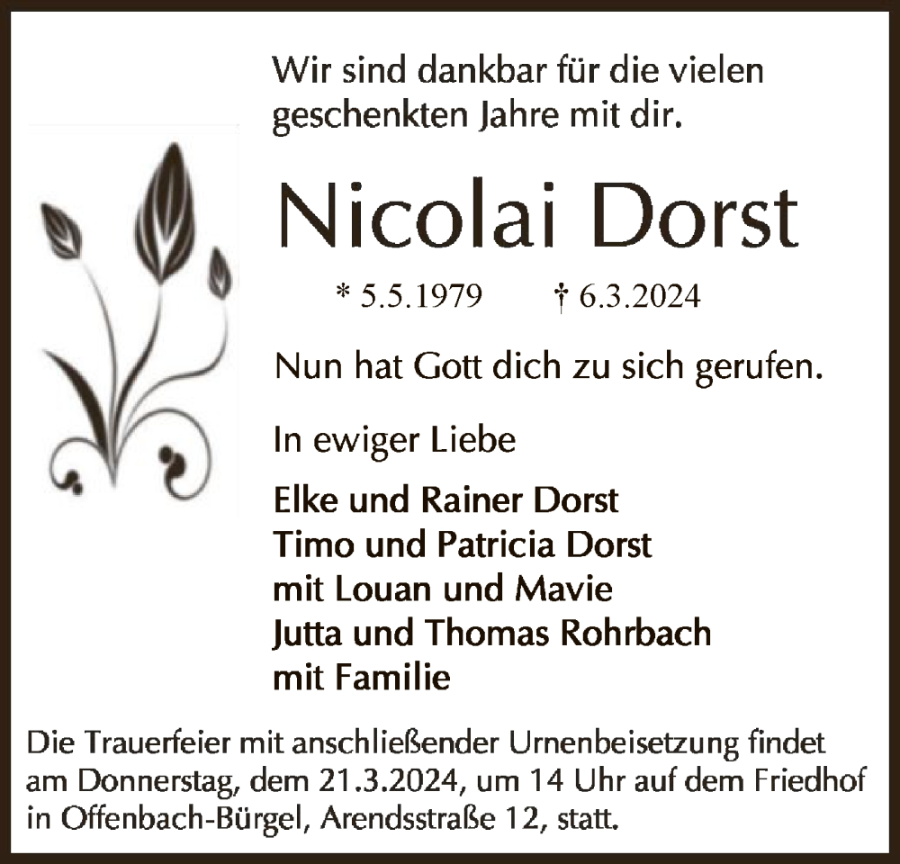 Traueranzeige für Nicolai Dorst vom 16.03.2024 aus OF