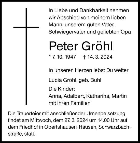 Traueranzeige von Peter Gröhl von OF