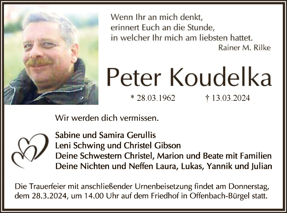  Traueranzeige für Peter Koudelka vom 23.03.2024 aus OF
