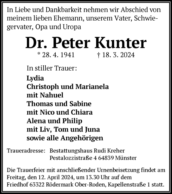 Traueranzeige von Peter Kunter von OF