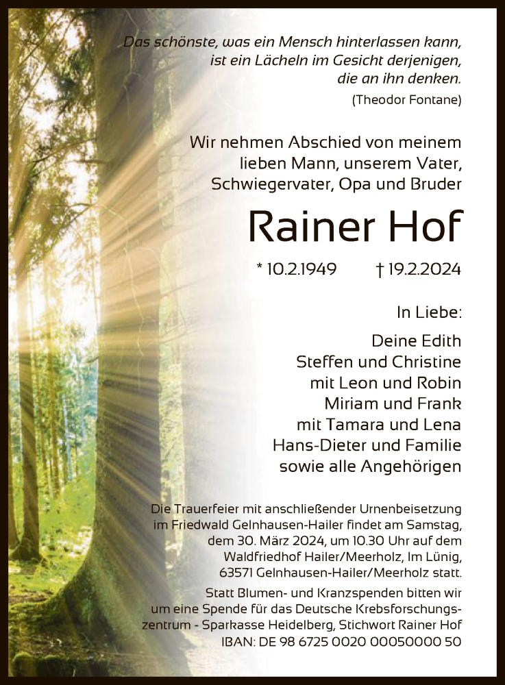  Traueranzeige für Rainer Hof vom 23.03.2024 aus OF