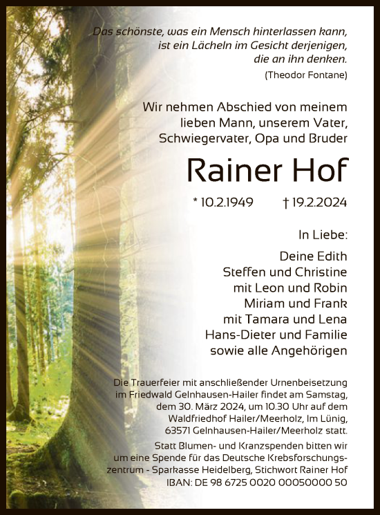 Traueranzeige von Rainer Hof von OF