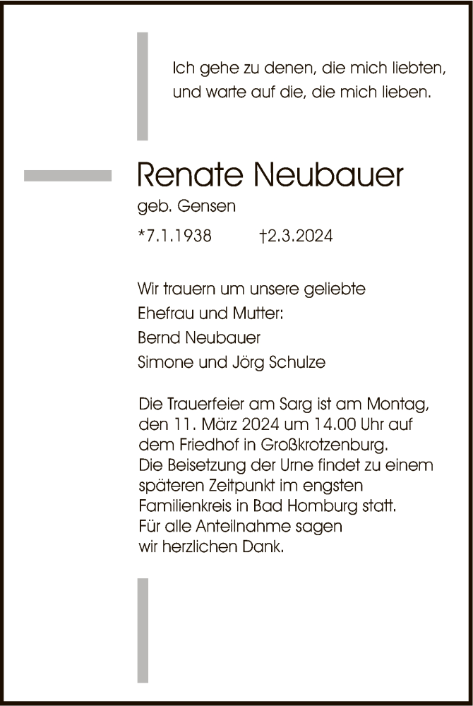  Traueranzeige für Renate Neubauer vom 08.03.2024 aus OF