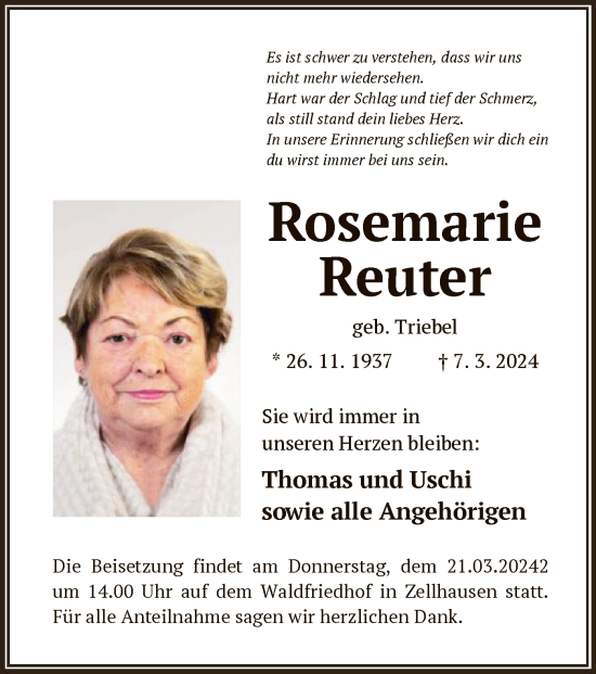 Traueranzeige von Rosemarie Reuter von OF