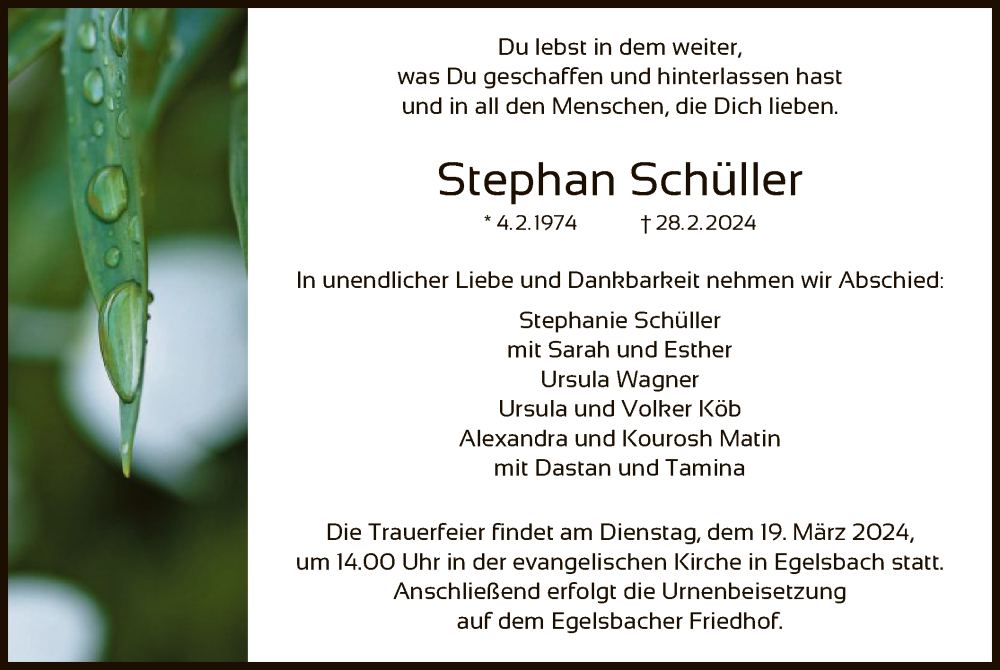  Traueranzeige für Stephan Schüller vom 16.03.2024 aus OF
