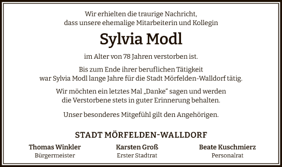 Traueranzeige von Sylvia Modl von OF