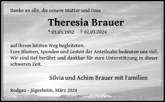 Traueranzeige von Theresia Brauer von OF