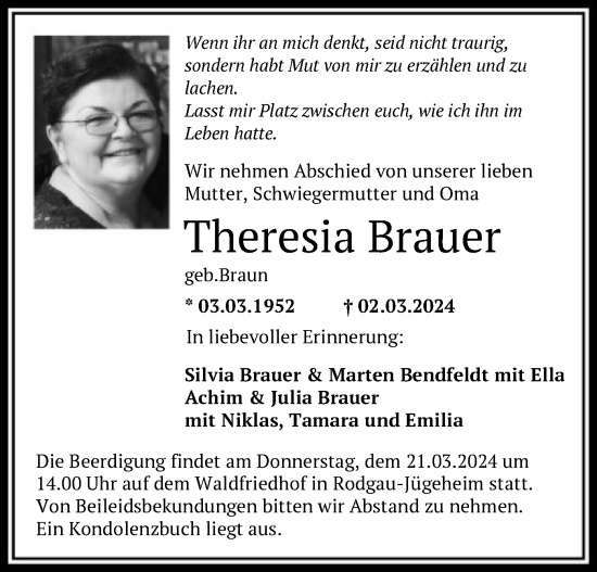 Traueranzeige von Theresia Brauer von OF