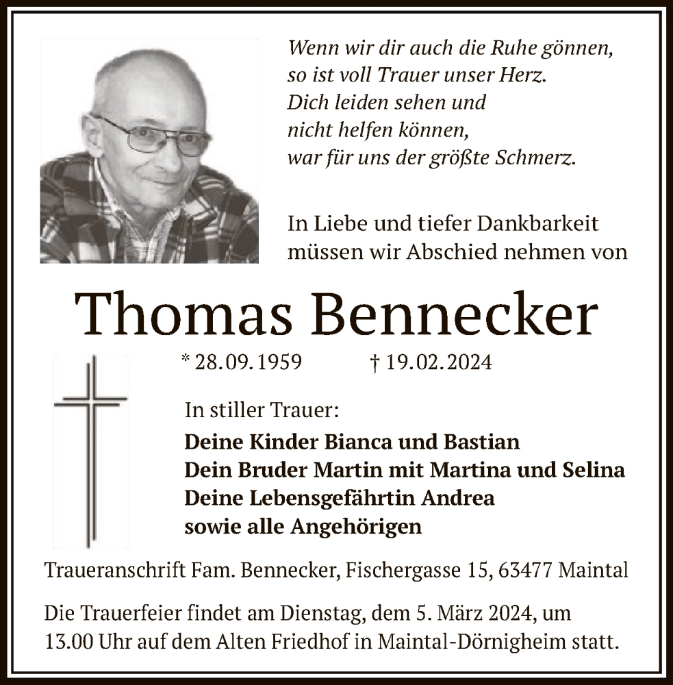  Traueranzeige für Thomas Bennecker vom 02.03.2024 aus OF