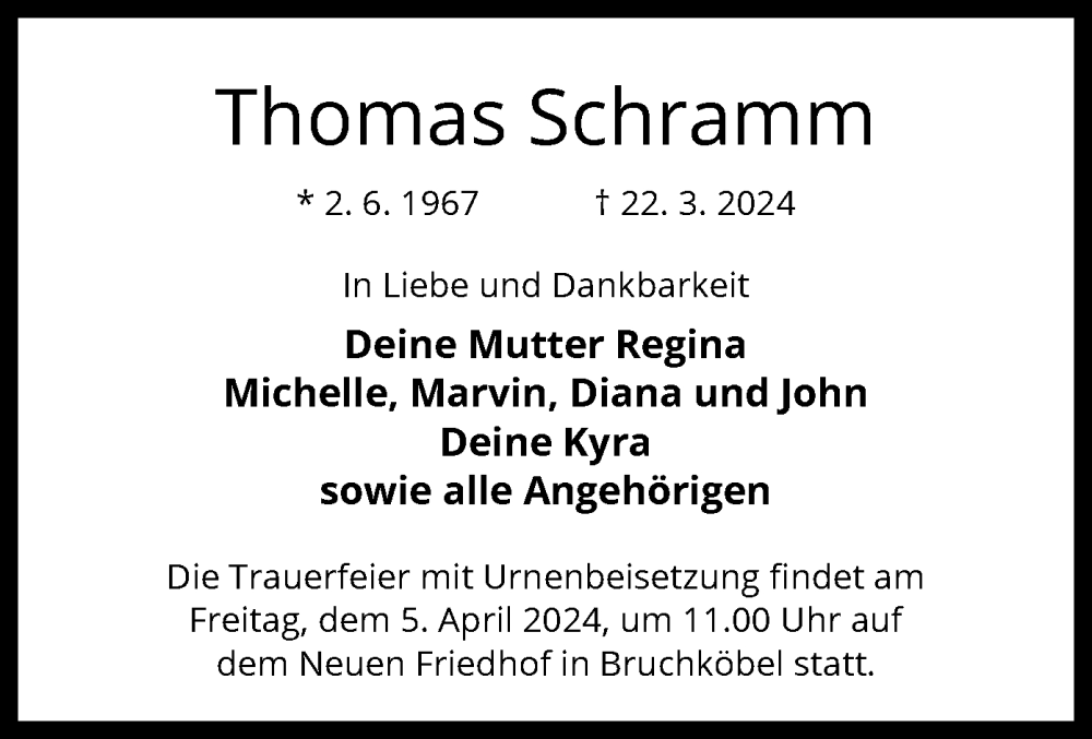  Traueranzeige für Thomas Schramm vom 30.03.2024 aus OF