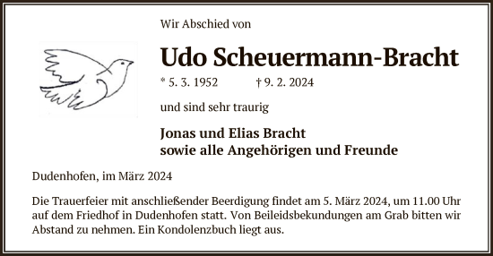 Traueranzeige von Udo Scheuermann-Bracht von OF