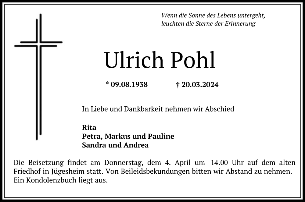  Traueranzeige für Ulrich Pohl vom 30.03.2024 aus OF