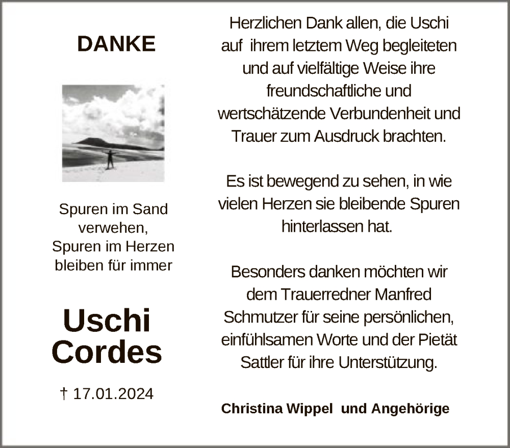  Traueranzeige für Uschi Cordes vom 09.03.2024 aus OF