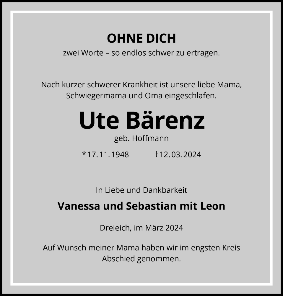  Traueranzeige für Ute Bärenz vom 30.03.2024 aus OF