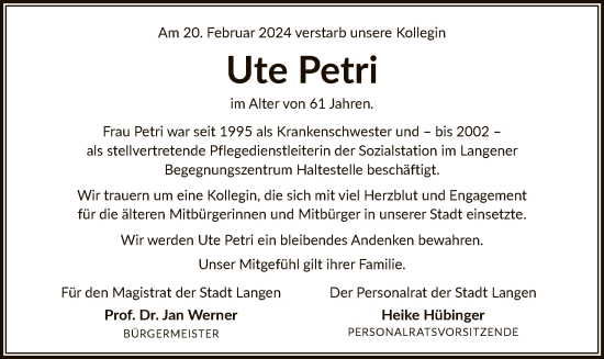 Traueranzeige von Ute Petri von OF