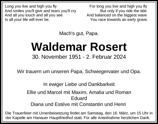 Traueranzeige von Waldemar Rosert von OF