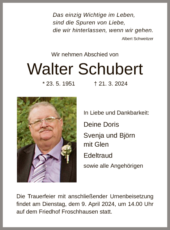 Traueranzeige von Walter Schubert von OF