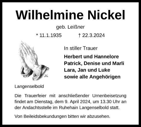 Traueranzeige von Wilhelmine Nickel von OF