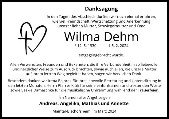 Traueranzeige von Wilma Dehm von OF