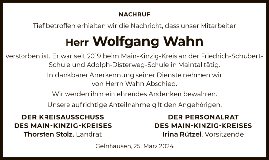 Traueranzeige von Wolfgang Wahn von OF