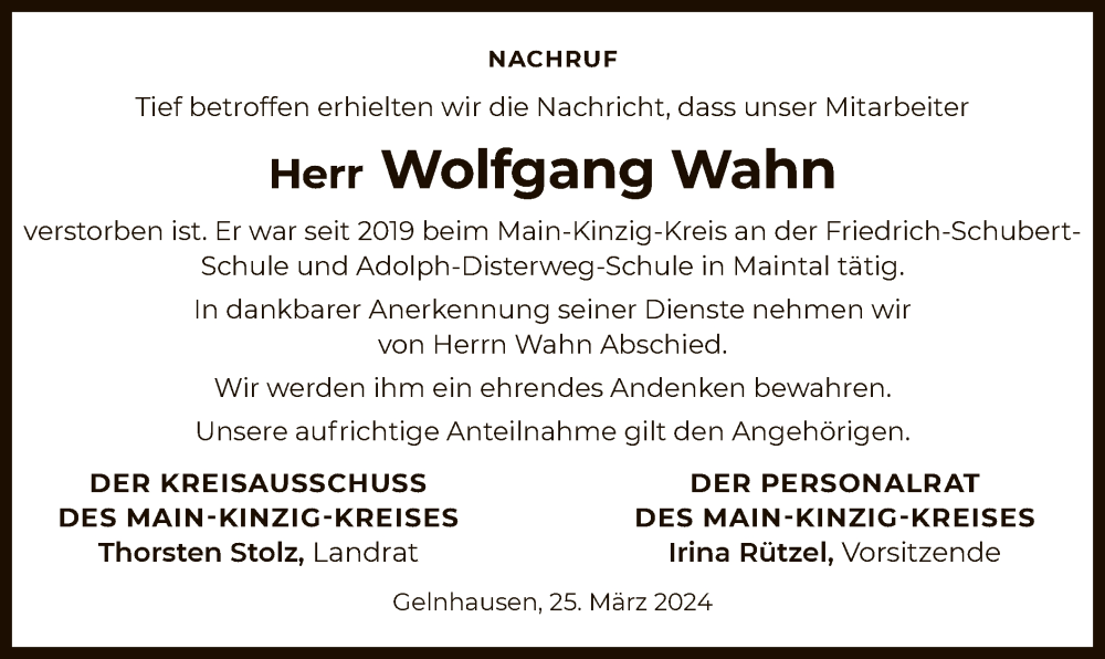  Traueranzeige für Wolfgang Wahn vom 30.03.2024 aus OF