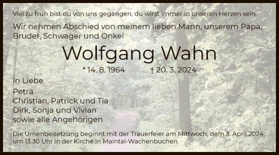 Traueranzeige von Wolfgang Wahn von OF