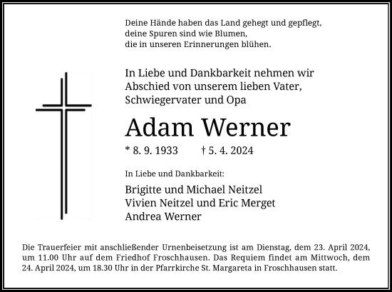 Traueranzeige von Adam Werner von OF