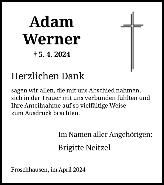 Traueranzeige von Adam Werner von OF