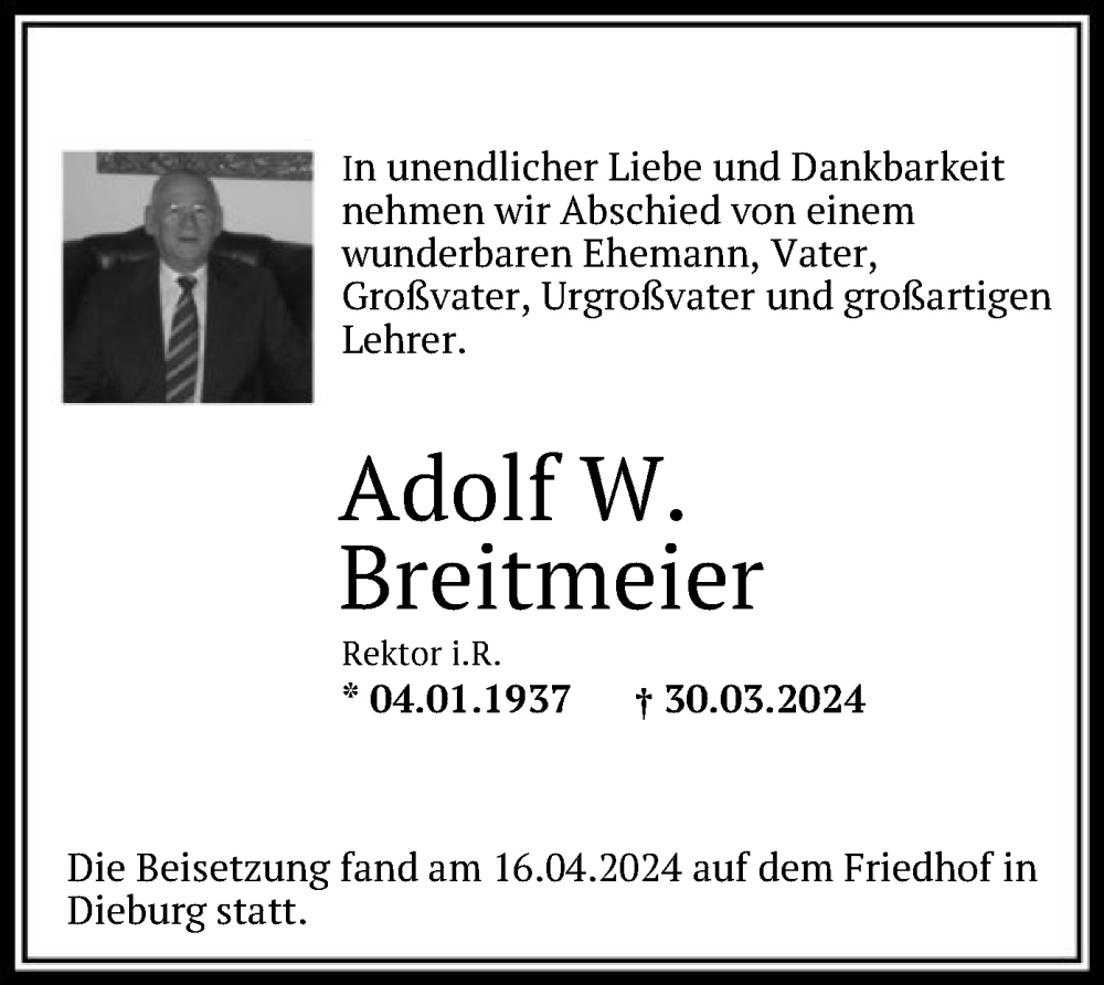  Traueranzeige für Adolf W. Breitmeier vom 17.04.2024 aus OF