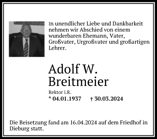 Traueranzeige von Adolf W. Breitmeier von OF