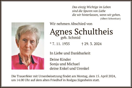 Traueranzeige von Agnes Schultheis von OF