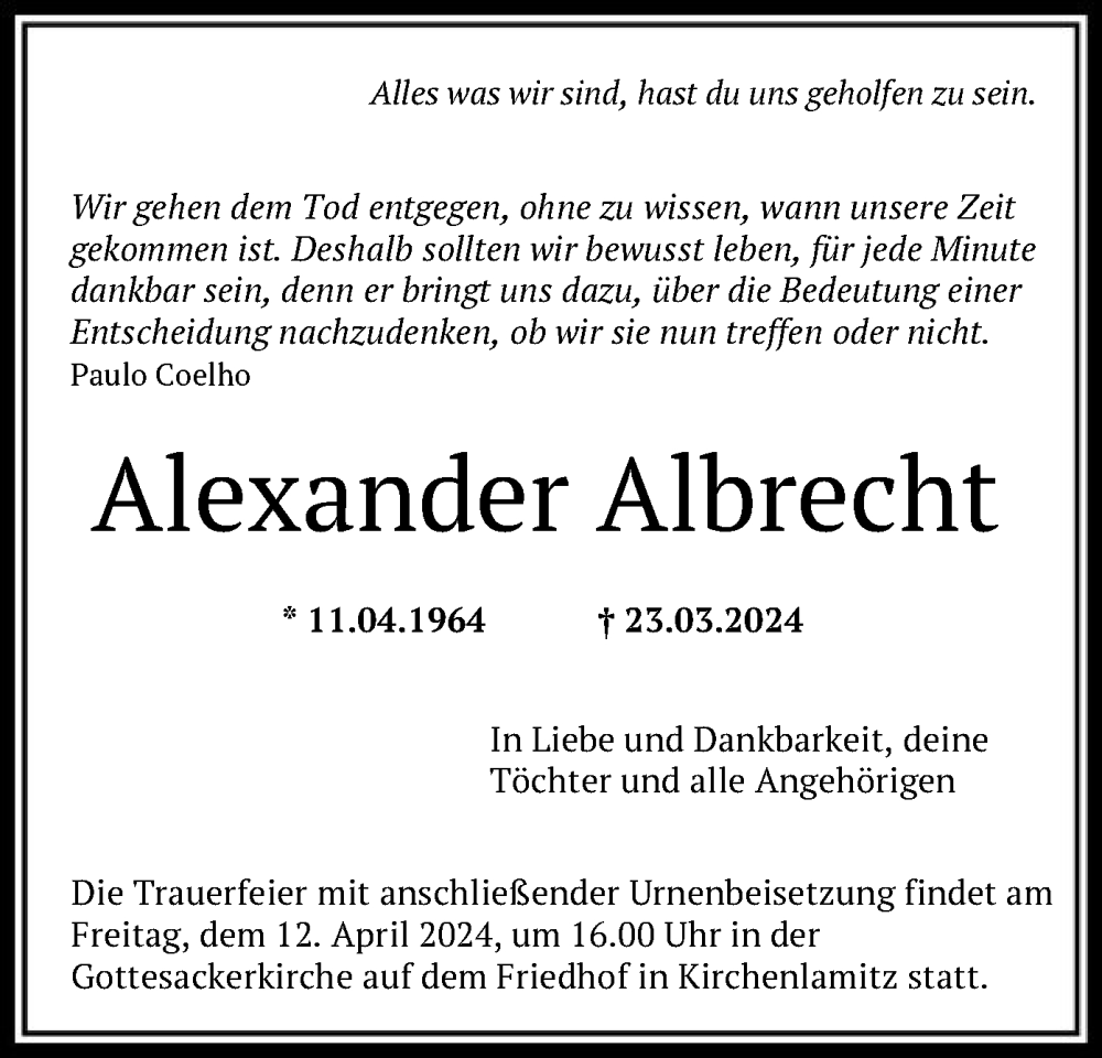  Traueranzeige für Alexander Albrecht vom 06.04.2024 aus OF