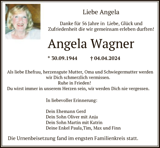 Traueranzeige von Angela Wagner von OF