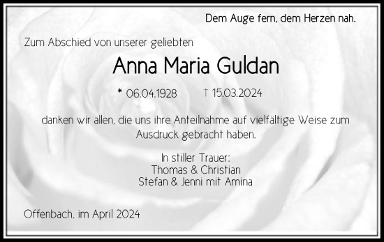 Traueranzeige von Anna Maria Guldan von OF