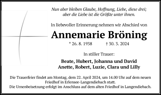 Traueranzeige von Annemarie Bröning von OF