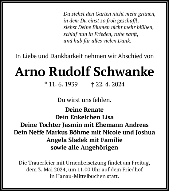 Traueranzeige von Arno Rudolf Schwanke von OF