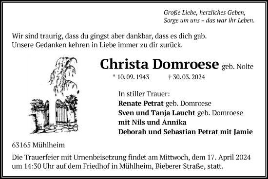 Traueranzeige von Christa Domroese von OF