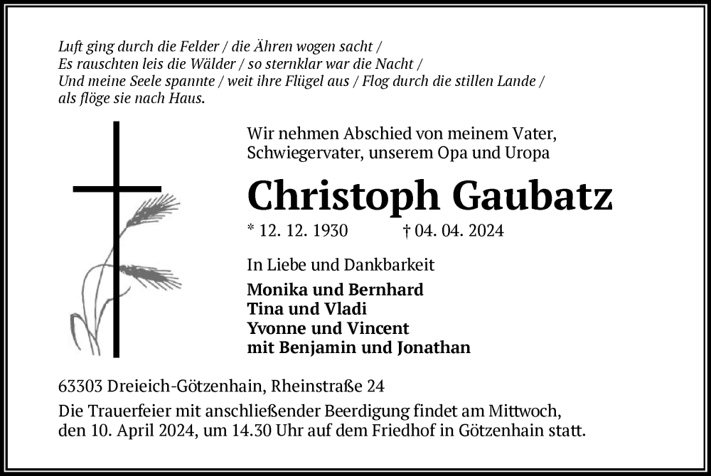 Traueranzeige für Christoph Gaubatz vom 06.04.2024 aus OF