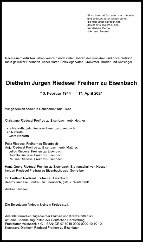 Traueranzeige von Diethelm Jürgen Riedesel Freiherr zu Eisenbach von OF