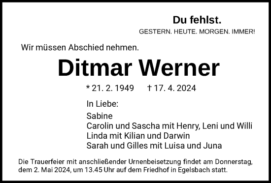 Traueranzeige von Ditmar Werner von OF