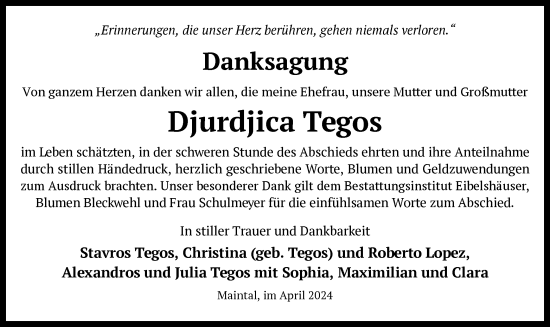 Traueranzeige von Djurdjica Tegos von OF