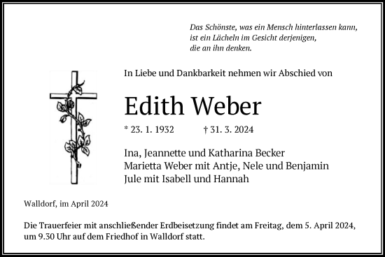 Traueranzeige von Edith Weber von OF