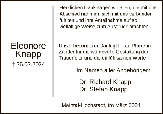 Traueranzeige von Eleonore Knapp von OF