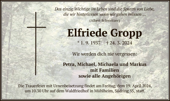 Traueranzeige von Elfriede Gropp von OF